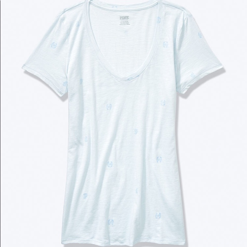 💕 VS PINK ICY BLUE TOPAZ MONOGRAM V-NECK TEE - Picture 2 of 7